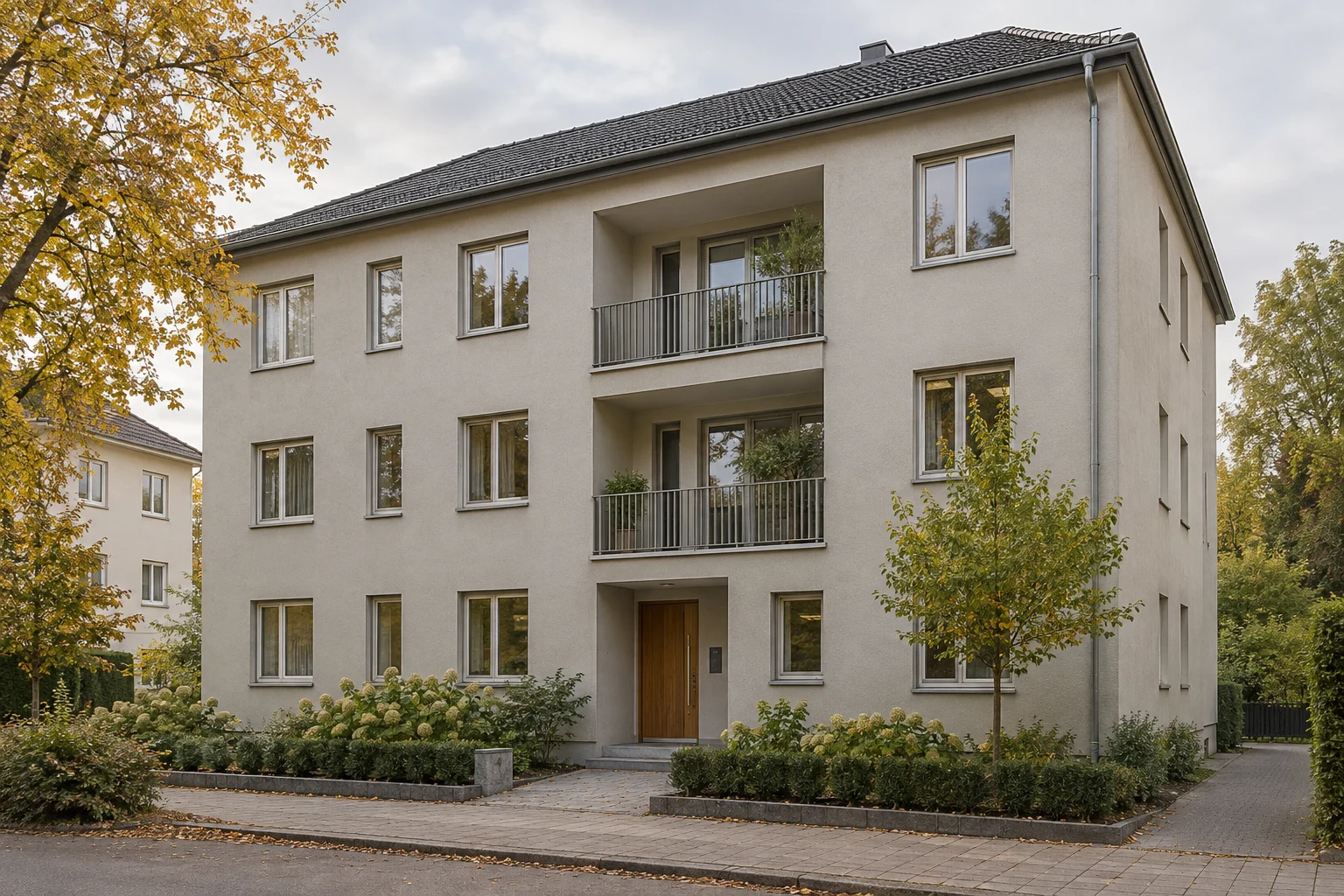 Gepflegtes mehrgeschossiges Wohnhaus mit hell verputzter Fassade, zurückgesetzten Balkonen und begrüntem Eingangsbereich.